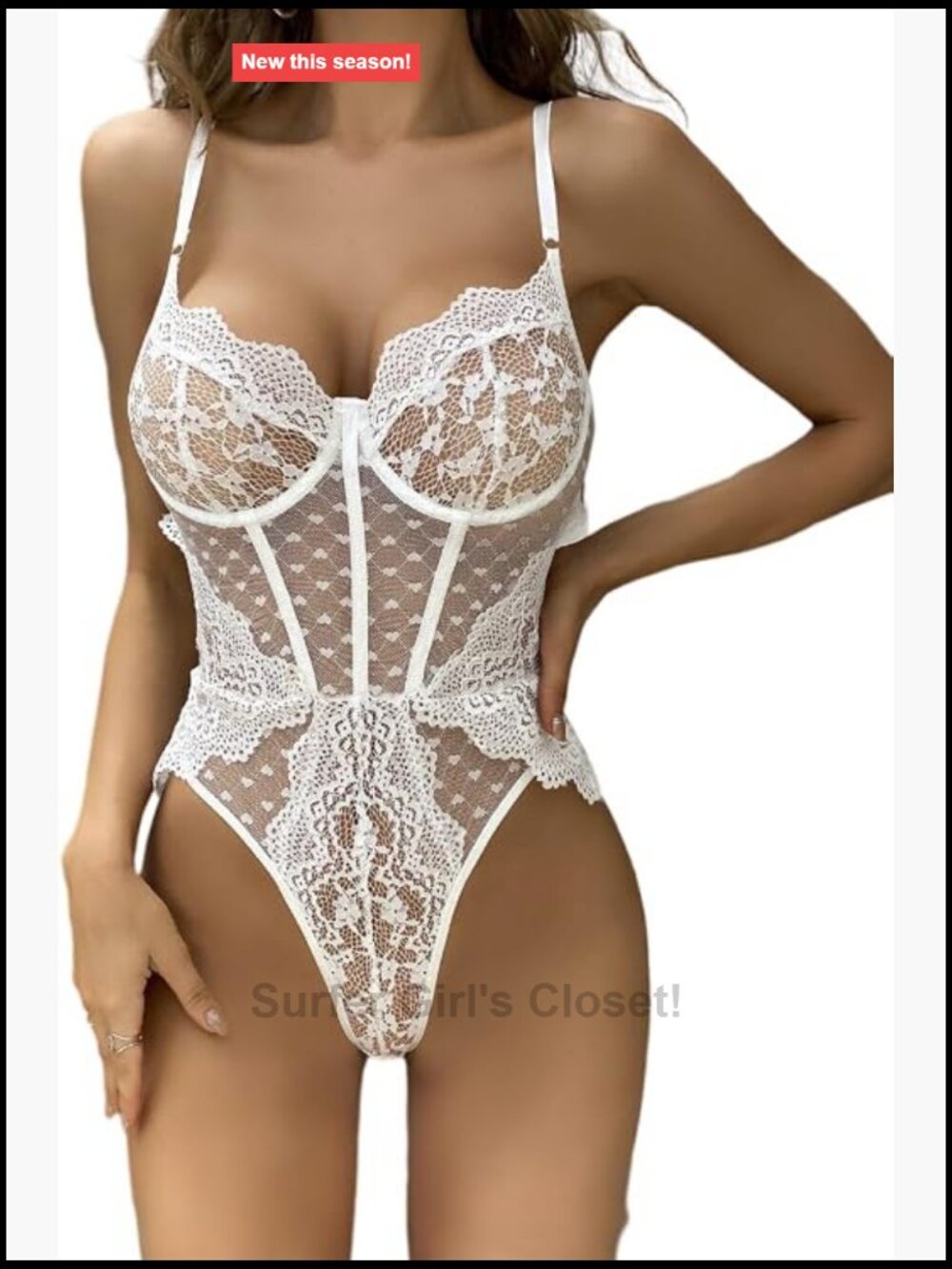 Floral Lace Teddy Bodysuit for Women, Deep V Neck, Adjustable Straps, Snap
